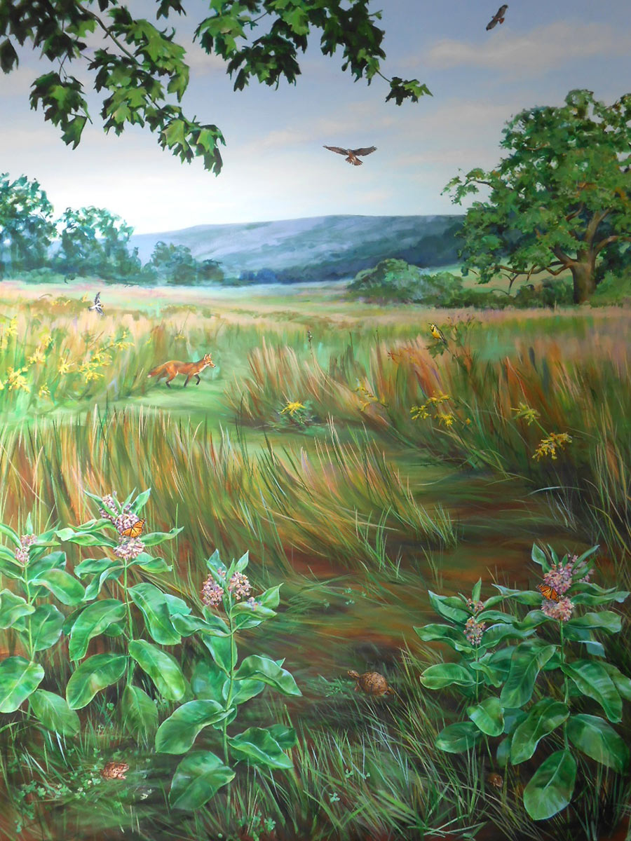 grassland mural with flora and fauna